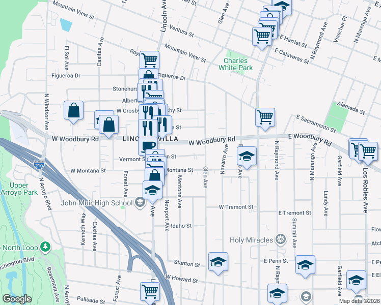 map of restaurants, bars, coffee shops, grocery stores, and more near 269 Laun Street in Altadena