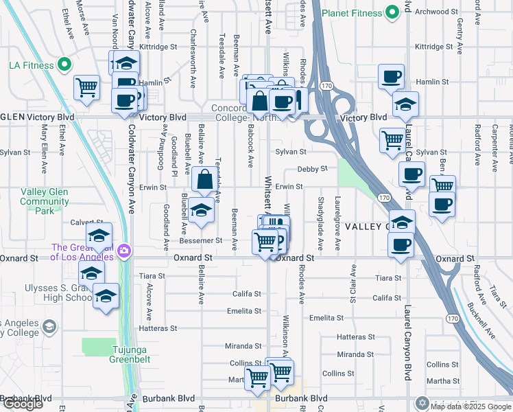 map of restaurants, bars, coffee shops, grocery stores, and more near 6125 Whitsett Avenue in Los Angeles