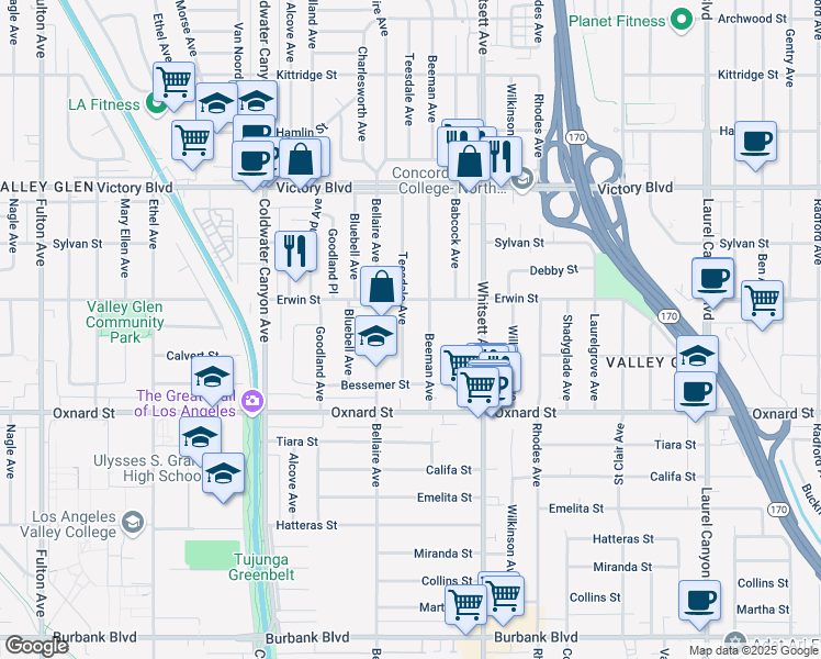 map of restaurants, bars, coffee shops, grocery stores, and more near 6123 Teesdale Avenue in Los Angeles