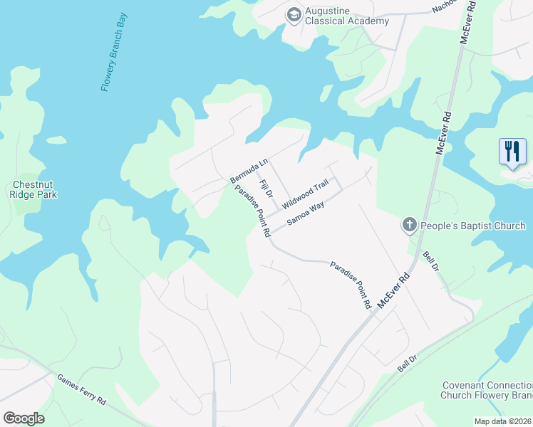 map of restaurants, bars, coffee shops, grocery stores, and more near 6432 Wildwood Trail in Flowery Branch