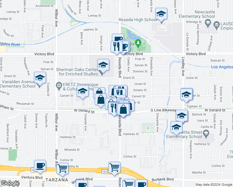 map of restaurants, bars, coffee shops, grocery stores, and more near 6155 Reseda Boulevard in Los Angeles
