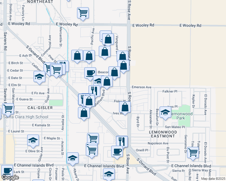 map of restaurants, bars, coffee shops, grocery stores, and more near 1700 Emerson Avenue in Oxnard