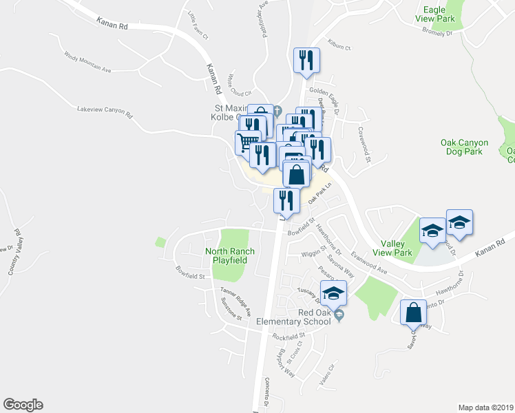 map of restaurants, bars, coffee shops, grocery stores, and more near 1101 Westcreek Lane in Thousand Oaks