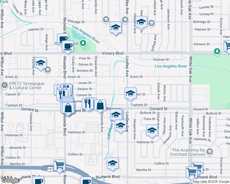 map of restaurants, bars, coffee shops, grocery stores, and more near 18149 Calvert Street in Los Angeles