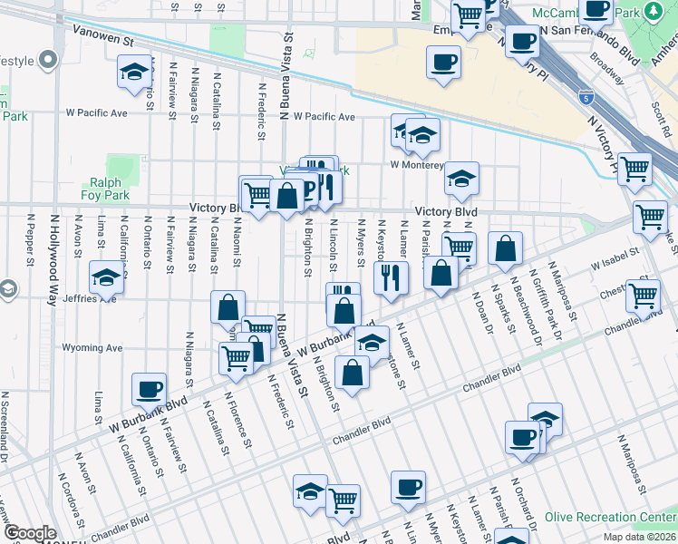 map of restaurants, bars, coffee shops, grocery stores, and more near 1330 North Lincoln Street in Burbank