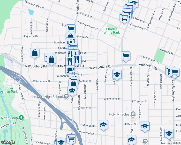 map of restaurants, bars, coffee shops, grocery stores, and more near 269 Laun Street in Altadena