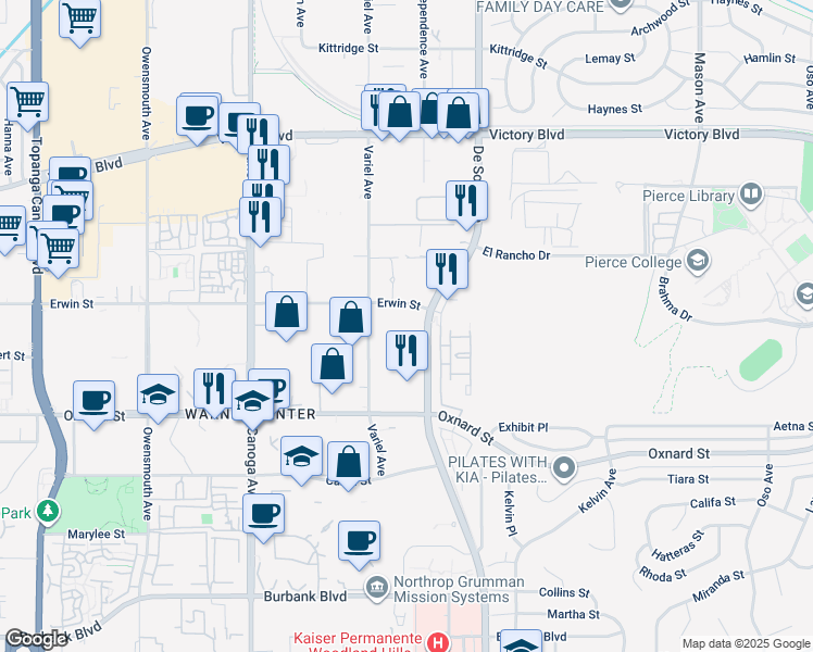 map of restaurants, bars, coffee shops, grocery stores, and more near 6109 De Soto Avenue in Los Angeles