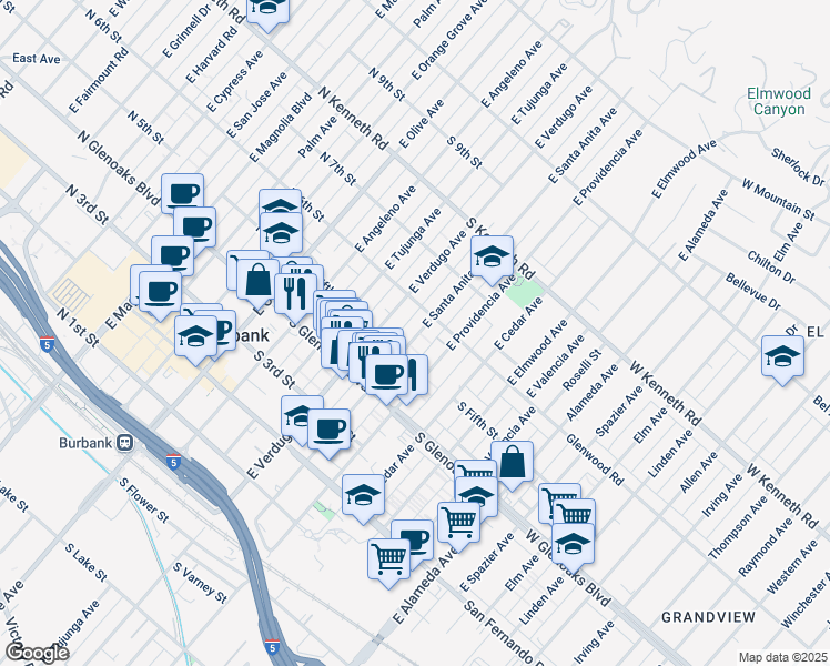 map of restaurants, bars, coffee shops, grocery stores, and more near 541 East Santa Anita Avenue in Burbank