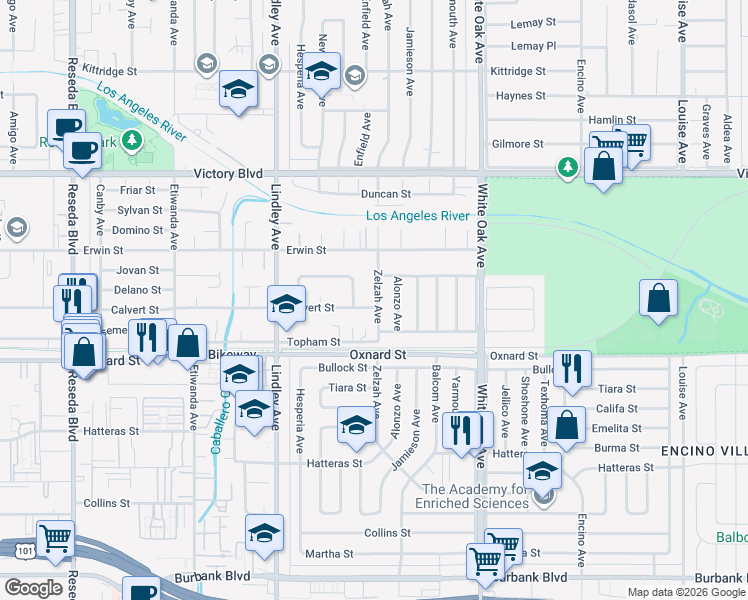 map of restaurants, bars, coffee shops, grocery stores, and more near 6207 Zelzah Avenue in Los Angeles