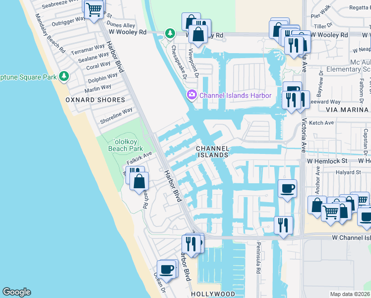map of restaurants, bars, coffee shops, grocery stores, and more near 4505 Gateshead Bay in Oxnard