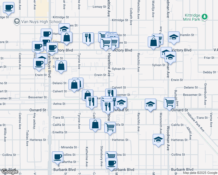 map of restaurants, bars, coffee shops, grocery stores, and more near Hazeltine Avenue & Calvert Street in Los Angeles