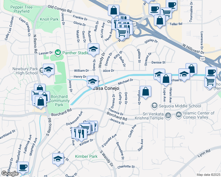 map of restaurants, bars, coffee shops, grocery stores, and more near 291 Dorena Drive in Thousand Oaks