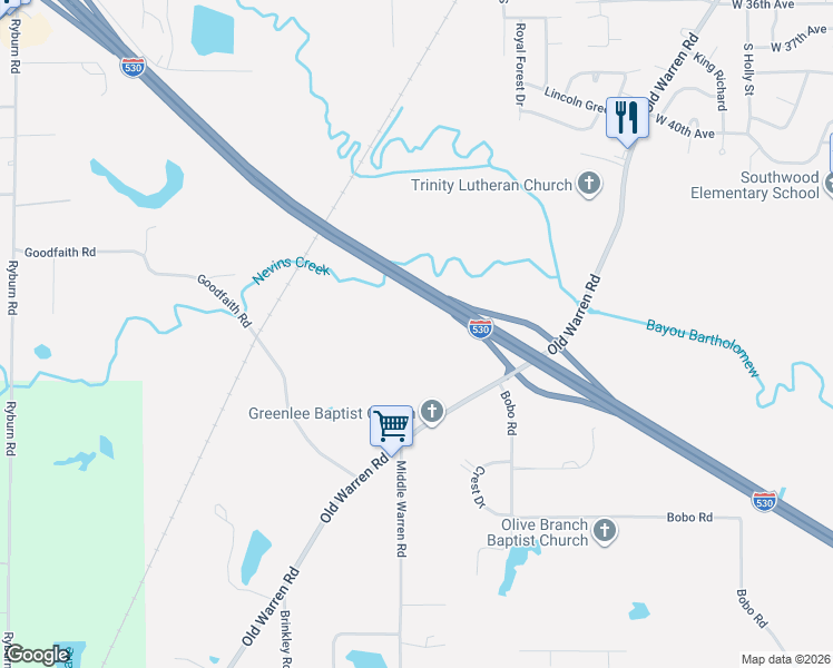 map of restaurants, bars, coffee shops, grocery stores, and more near 4826 Old Warren Road in Pine Bluff