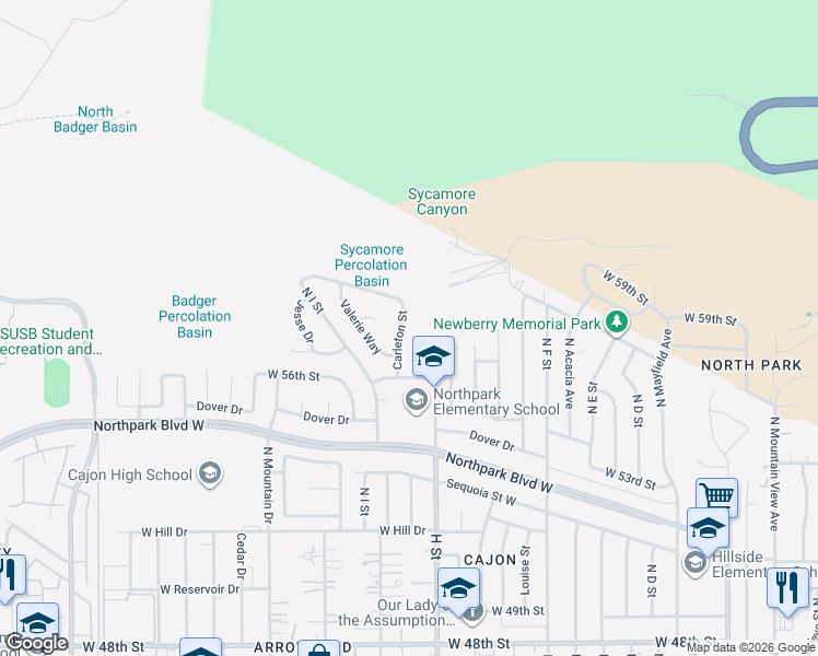 map of restaurants, bars, coffee shops, grocery stores, and more near 5779 Carleton Street in San Bernardino