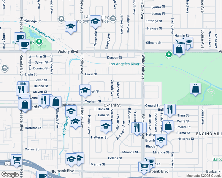 map of restaurants, bars, coffee shops, grocery stores, and more near 6207 Zelzah Avenue in Los Angeles