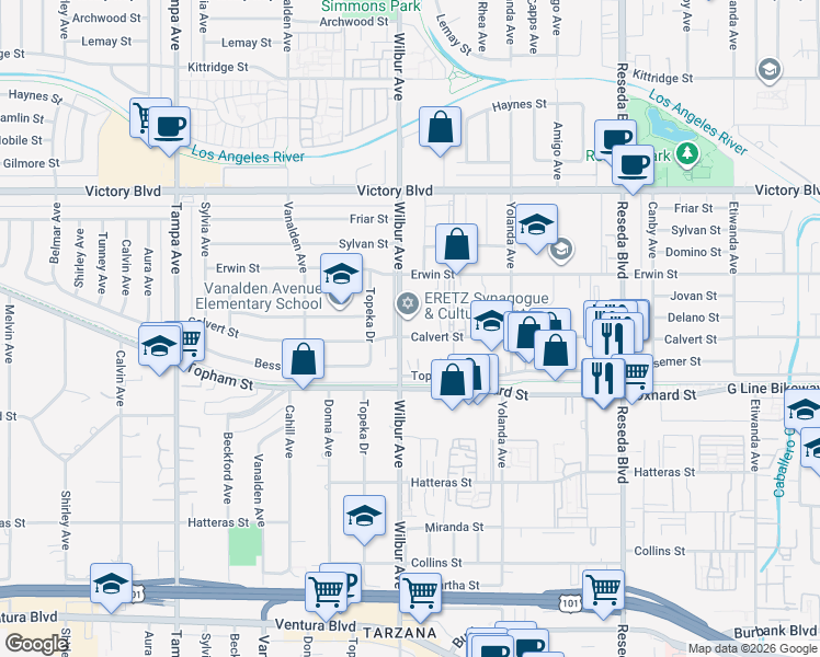 map of restaurants, bars, coffee shops, grocery stores, and more near 6130 Wilbur Avenue in Los Angeles