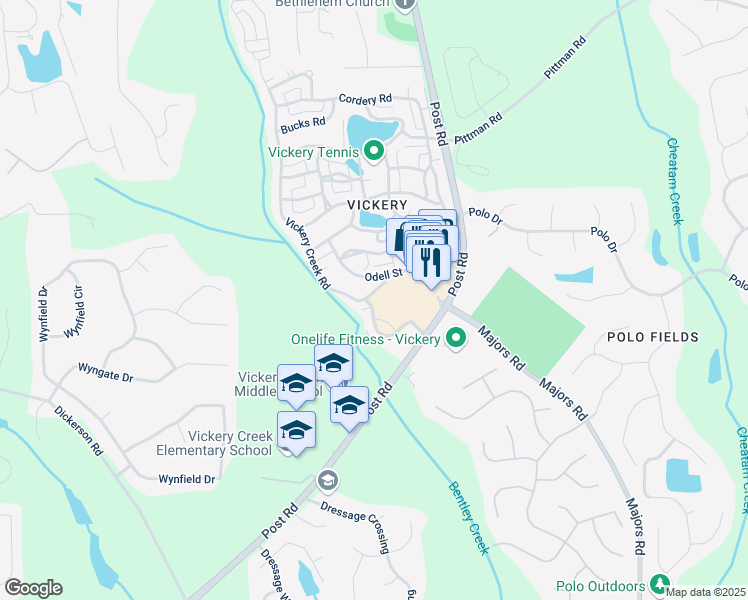 map of restaurants, bars, coffee shops, grocery stores, and more near 6157 Vickery Creek Road in Cumming