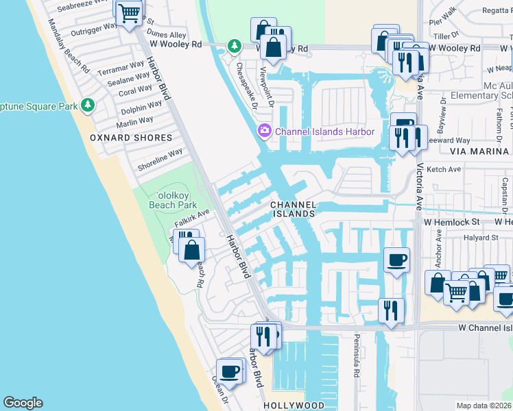 map of restaurants, bars, coffee shops, grocery stores, and more near 4505 Gateshead Bay in Oxnard