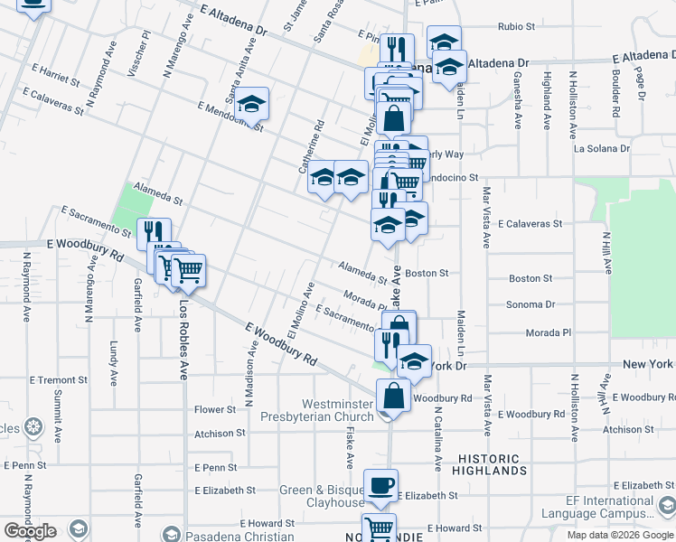 map of restaurants, bars, coffee shops, grocery stores, and more near 778 Alameda Street in Altadena