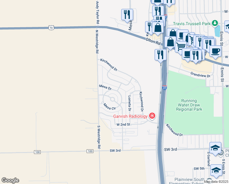 map of restaurants, bars, coffee shops, grocery stores, and more near 411 Mesa Circle in Plainview