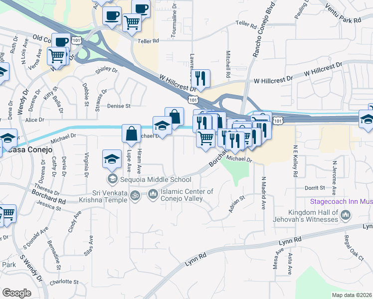 map of restaurants, bars, coffee shops, grocery stores, and more near 244 Deerwalk Place in Thousand Oaks