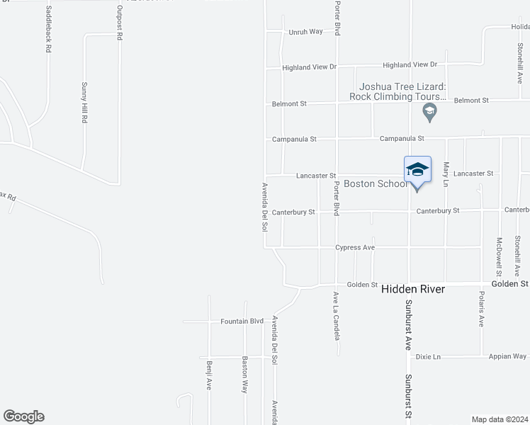 map of restaurants, bars, coffee shops, grocery stores, and more near Canterbury Street in Joshua Tree
