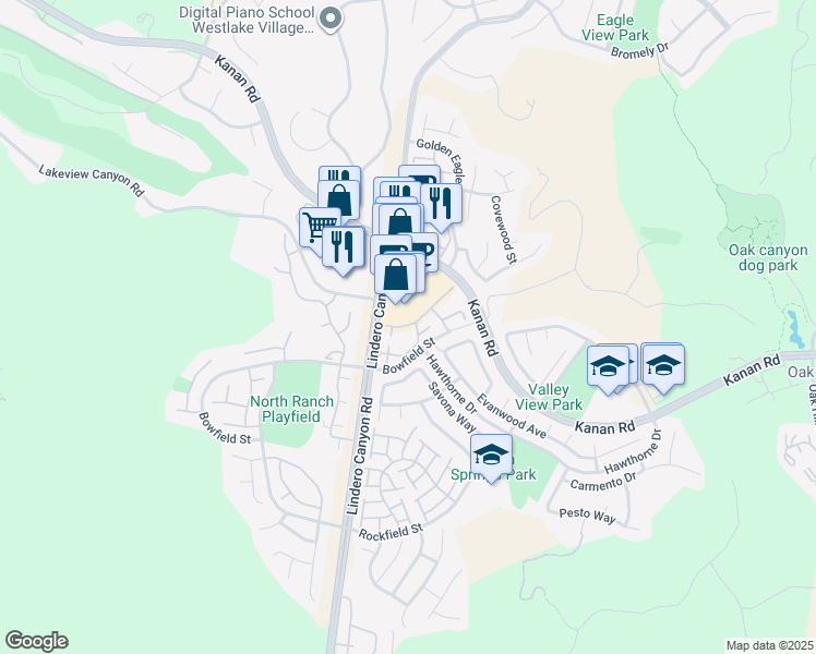 map of restaurants, bars, coffee shops, grocery stores, and more near 5360 Oak Park Lane in Oak Park