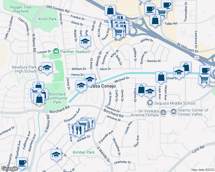 map of restaurants, bars, coffee shops, grocery stores, and more near 291 Dorena Drive in Thousand Oaks