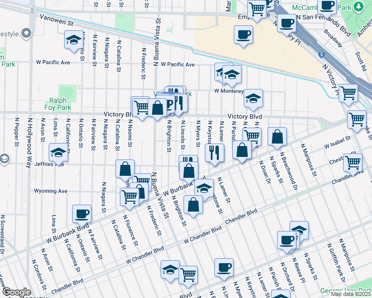 map of restaurants, bars, coffee shops, grocery stores, and more near 1332 North Lincoln Street in Burbank