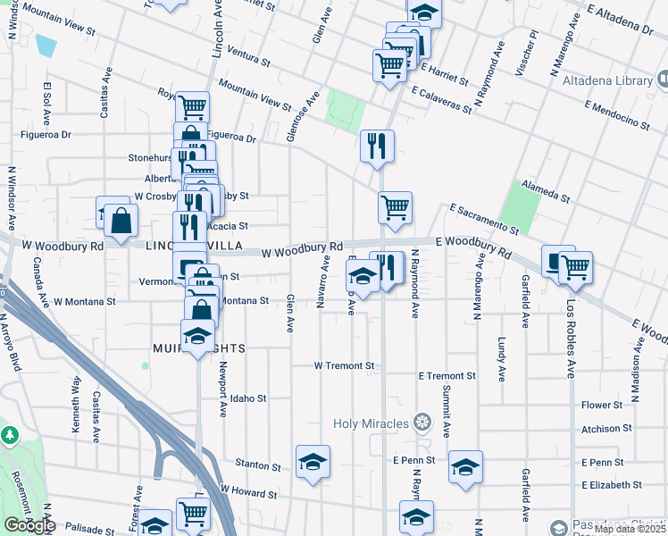 map of restaurants, bars, coffee shops, grocery stores, and more near 2116 Navarro Avenue in Altadena