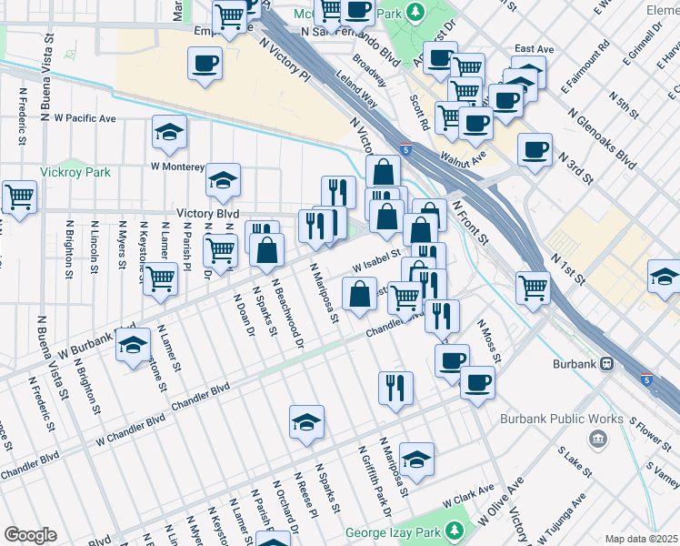 map of restaurants, bars, coffee shops, grocery stores, and more near 1177 West Isabel Street in Burbank