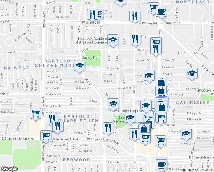 map of restaurants, bars, coffee shops, grocery stores, and more near 709 West Guava Street in Oxnard