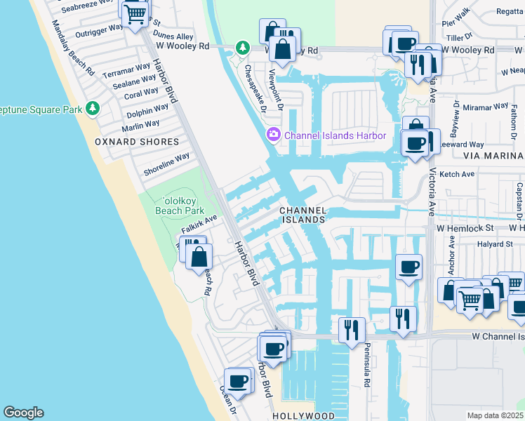 map of restaurants, bars, coffee shops, grocery stores, and more near 4511 Gateshead Bay in Oxnard