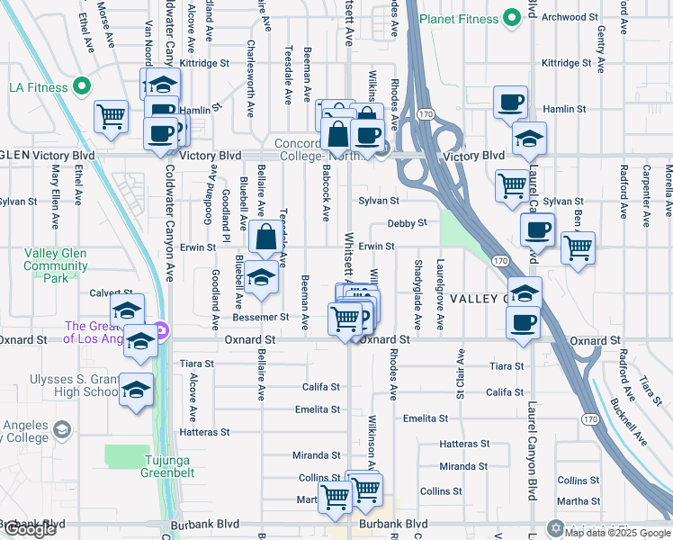 map of restaurants, bars, coffee shops, grocery stores, and more near 6133 Whitsett Avenue in Los Angeles