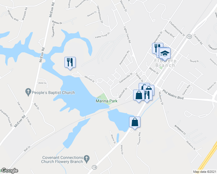 map of restaurants, bars, coffee shops, grocery stores, and more near 6360 Shoreview Circle in Flowery Branch