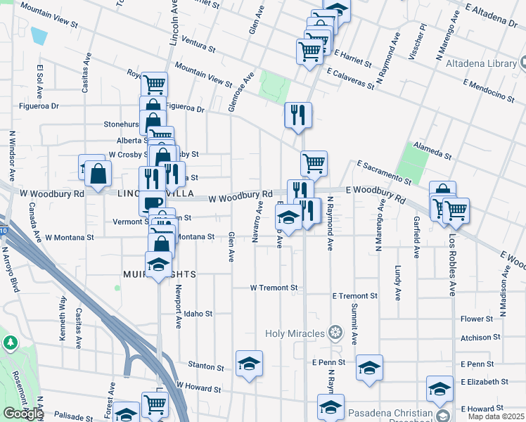 map of restaurants, bars, coffee shops, grocery stores, and more near 2122 Navarro Avenue in Altadena