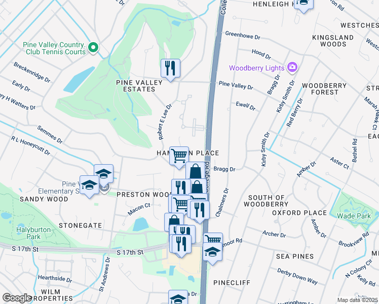 map of restaurants, bars, coffee shops, grocery stores, and more near 717 Bragg Drive in Wilmington