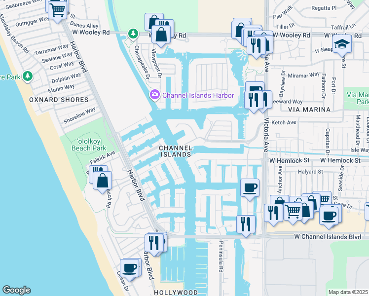 map of restaurants, bars, coffee shops, grocery stores, and more near 4252 Harbour Island Lane in Oxnard