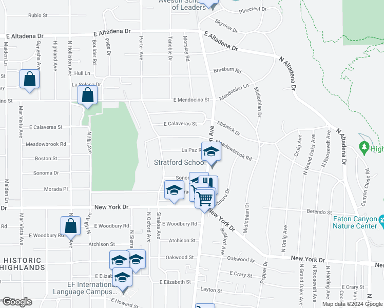 map of restaurants, bars, coffee shops, grocery stores, and more near 1822 La Paz Road in Altadena