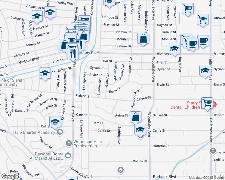 map of restaurants, bars, coffee shops, grocery stores, and more near 23435 Erwin Street in Los Angeles