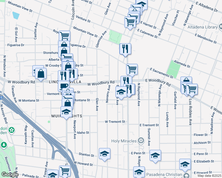 map of restaurants, bars, coffee shops, grocery stores, and more near 2122 Navarro Avenue in Altadena