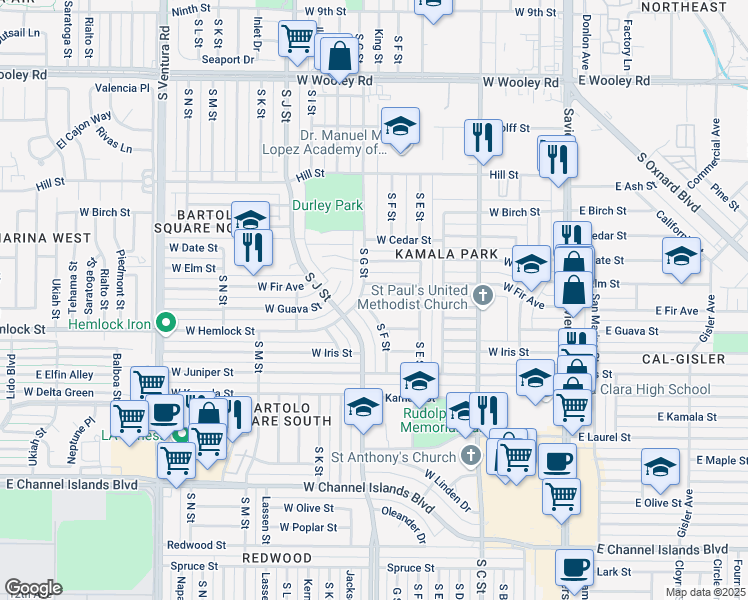 map of restaurants, bars, coffee shops, grocery stores, and more near 709 West Guava Street in Oxnard