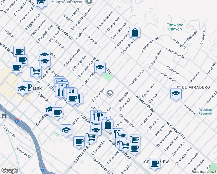 map of restaurants, bars, coffee shops, grocery stores, and more near 701 East Elmwood Avenue in Burbank