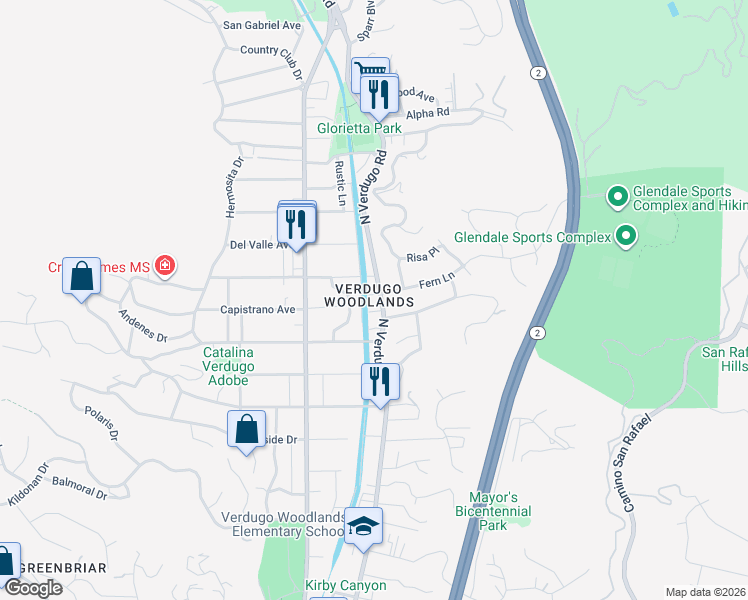 map of restaurants, bars, coffee shops, grocery stores, and more near 1801 Calafia Street in Glendale