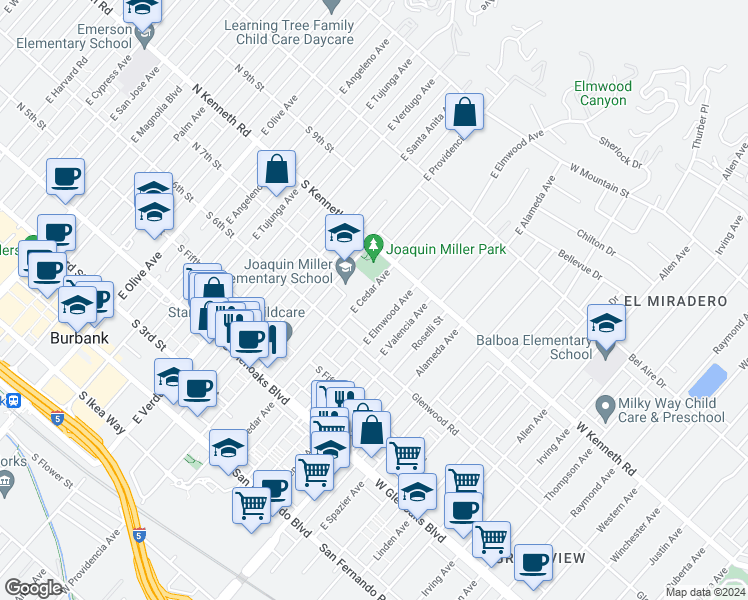 map of restaurants, bars, coffee shops, grocery stores, and more near 701 East Elmwood Avenue in Burbank
