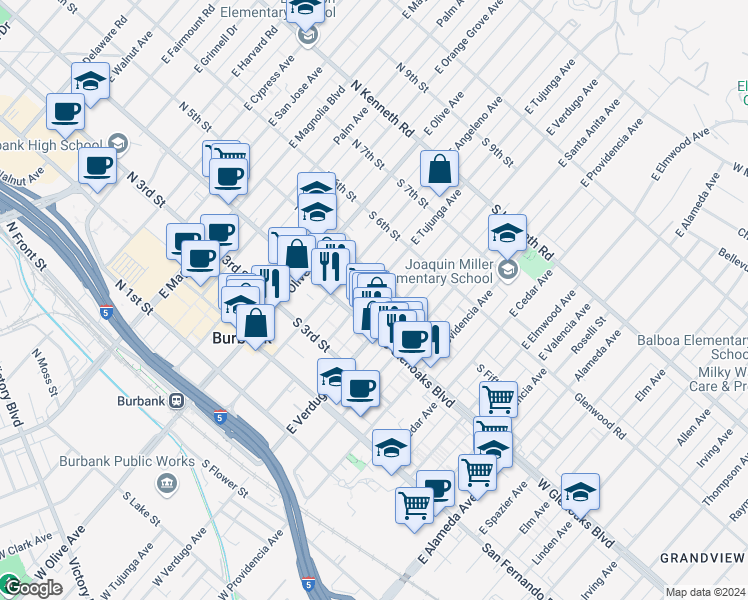 map of restaurants, bars, coffee shops, grocery stores, and more near 426 East Tujunga Avenue in Burbank