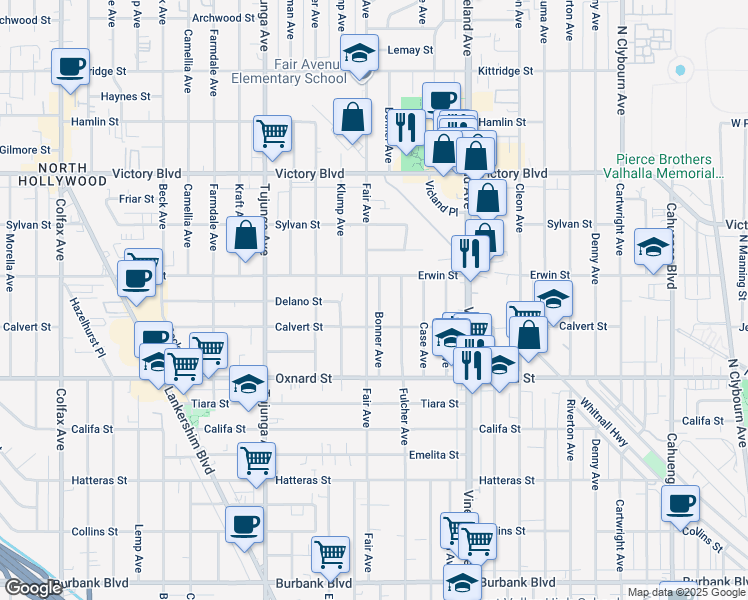 map of restaurants, bars, coffee shops, grocery stores, and more near 6126 Bonner Avenue in Los Angeles