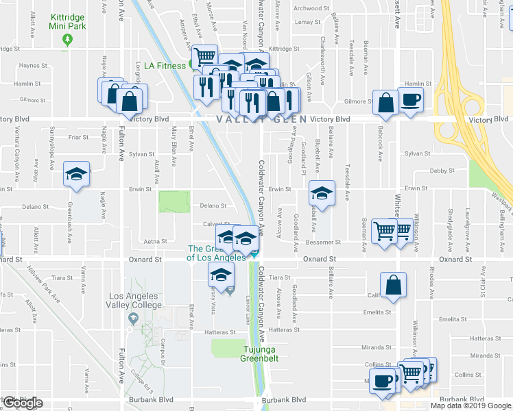map of restaurants, bars, coffee shops, grocery stores, and more near 6131 Coldwater Canyon Avenue in Los Angeles
