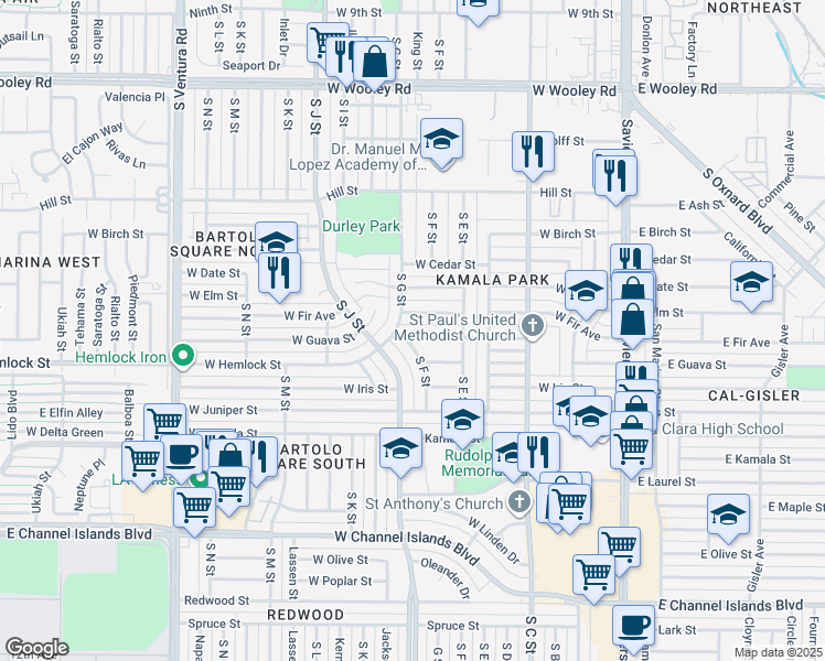 map of restaurants, bars, coffee shops, grocery stores, and more near 709 West Guava Street in Oxnard
