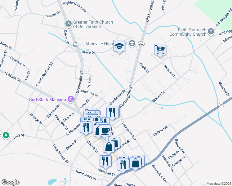 map of restaurants, bars, coffee shops, grocery stores, and more near 114 Cambridge Street in Abbeville